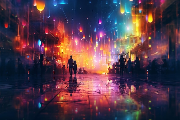 Oil painting on canvas people silhouettes in a futuristic city with neon lights under the rain