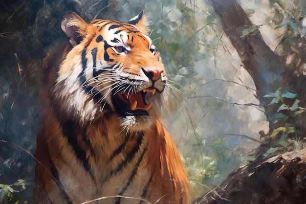 Oil painting on canvas tiger in the forest