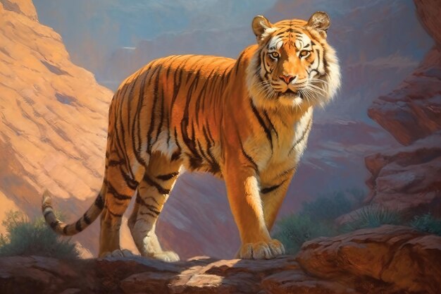 Oil painting on canvas tiger in the forest