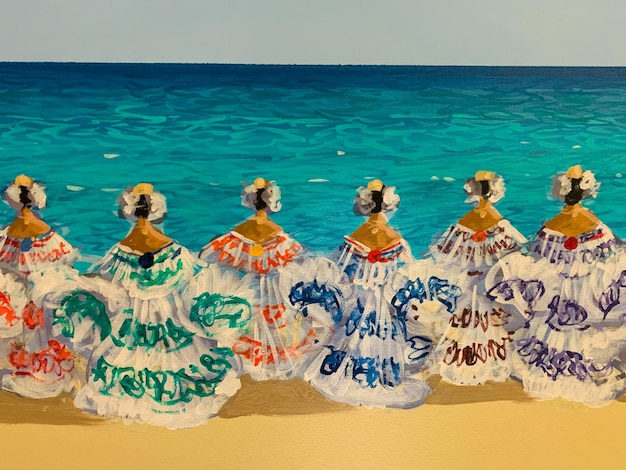 海岸の芸術の絵画の趣味で踊る壮大なドレスを着た女性のキャンバスに油絵