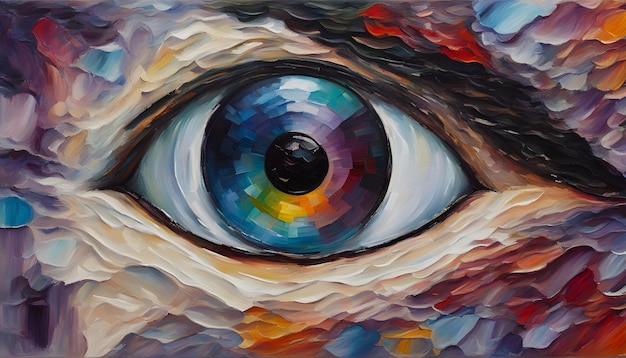 오일 페인팅: 눈의 개념적 추상적인 그림, 다채로운 색으로 된 오일 페이닝