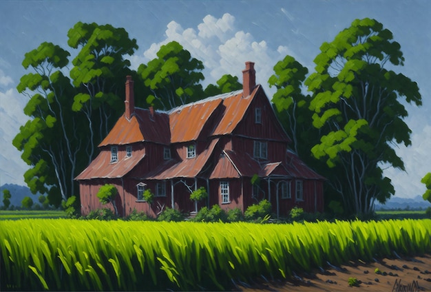 Oil painting of a cottage near a crops in spring time