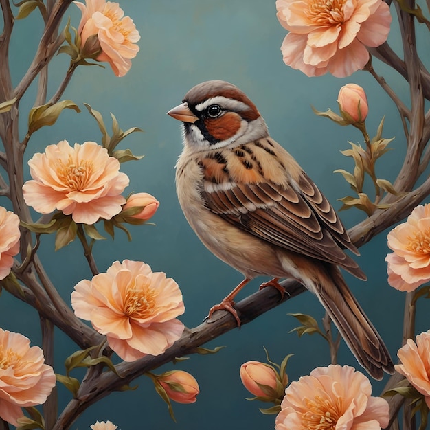 Oil painting of a cute sparrow in a tree with pink flowers