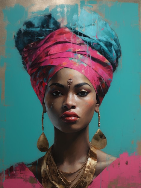 An oil painting depicting a woman in traditional attire with a colorful turban wrapped around her he