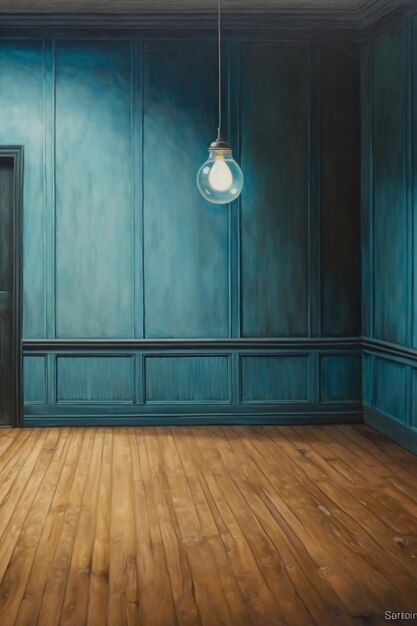 Photo oil painting of an empty oak paneled room with a single blue lightbulb ai generative