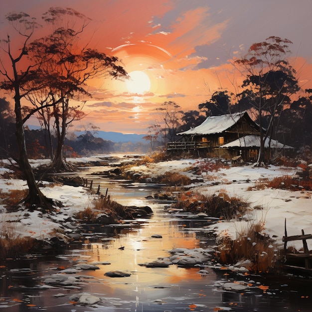 oil painting of feudal japan landscape