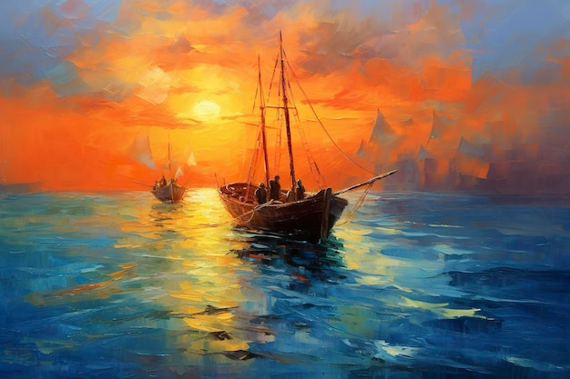 Oil painting of a fisherman boat at sunset on sea sea landscape concept ai generative