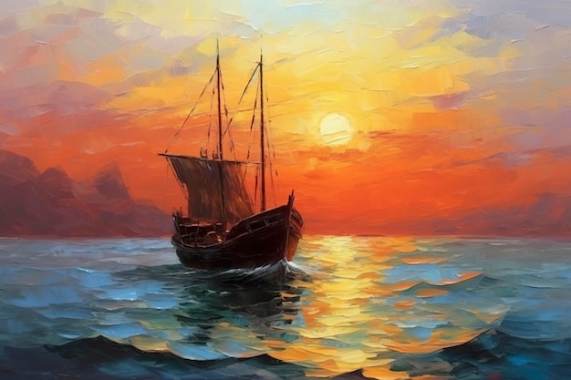 漁師の船を油絵で描く 夕暮れの海の風景コンセプト AI・ジェネレーティブ