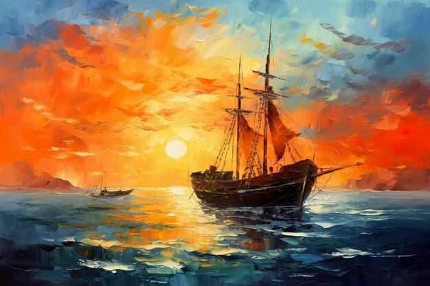 漁師の船を油絵で描く 夕暮れの海の風景コンセプト AI・ジェネレーティブ