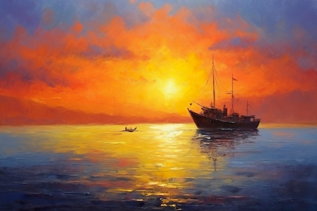 Oil Painting of a Fisherman Boat at Sunset on Sea Sea Landscape concept AI Generative