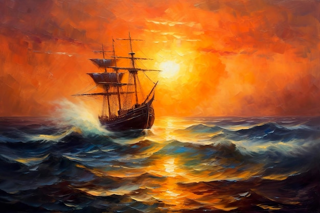 Картина маслом рыбацкой лодки на закате на море Концепция морского пейзажа AI Генеративный