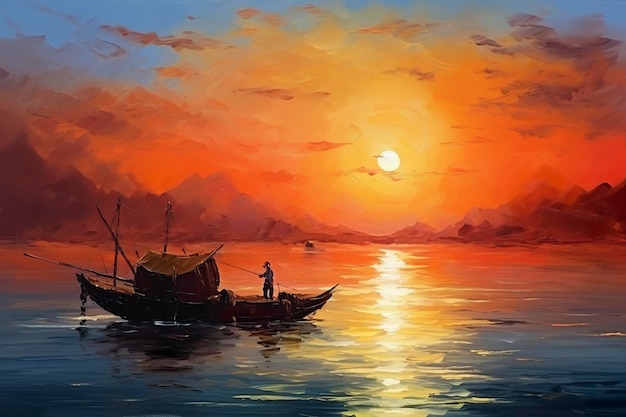 Oil Painting of a Fisherman Boat at Sunset on Sea Sea Landscape concept AI Generative