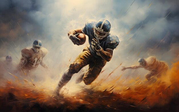 Photo oil painting football player scores the winning touchdown in the endzone concept ai