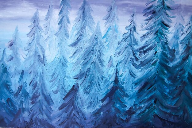 Oil painting. Fragment of artwork. Spruce trees.