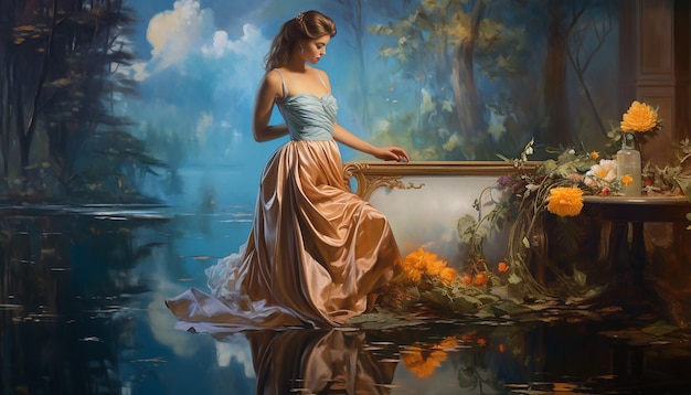 oil painting full of rich retro style with an elegant lady in the picture reflection photography