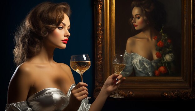 oil painting full of rich retro style with an elegant lady in the picture reflection photography