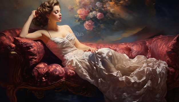 oil painting full of rich retro style with an elegant lady in the picture reflection photography