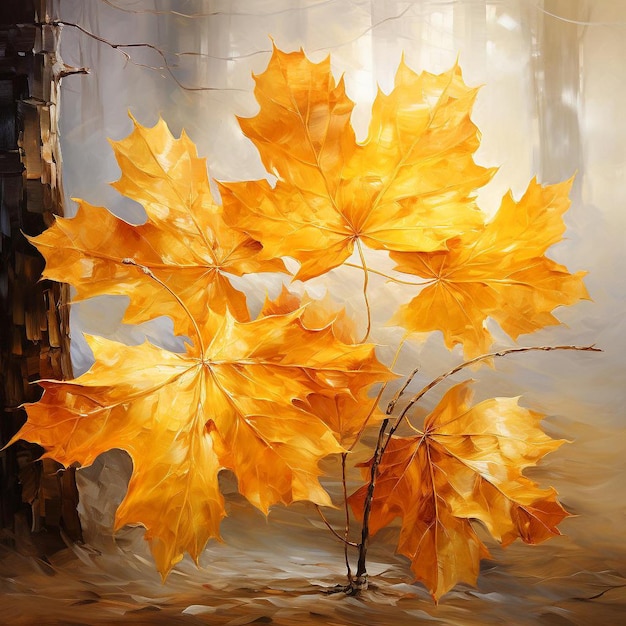 Oil painting of golden shimmering autumn maple leaves and countryside isolated on the edge