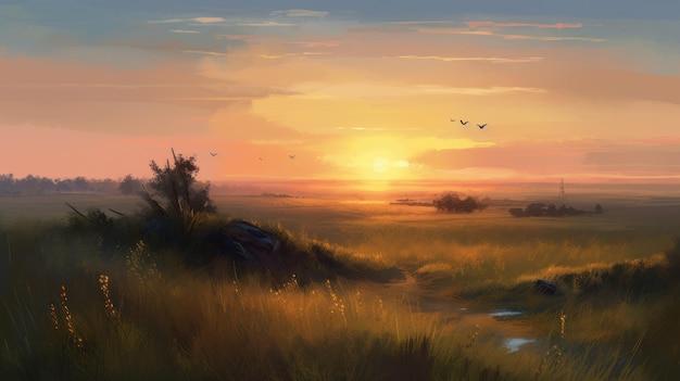 ドレイクのスタイルで日の出の草原の油絵