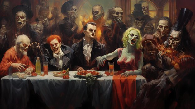 Photo oil painting of halloween party with ghosts zombies vampires