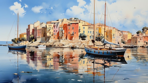 Photo oil painting of houses on a waterway with boats