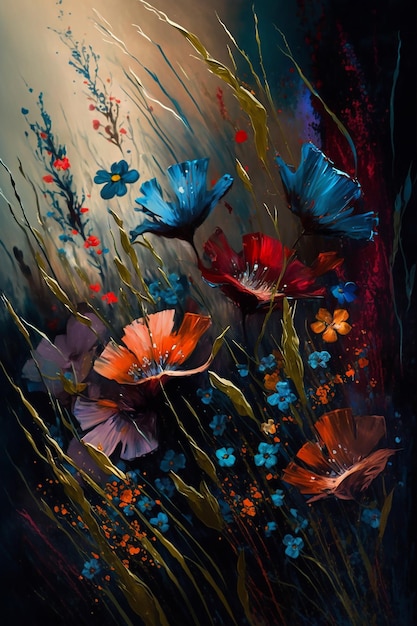 Photo oil painting illustration of colorful wildflowers generative ai