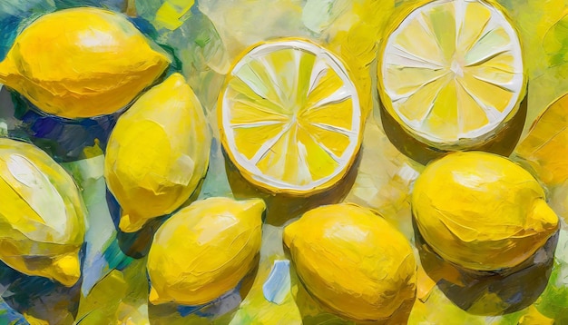 Oil painting illustration of fresh lemons sweet citrus slices