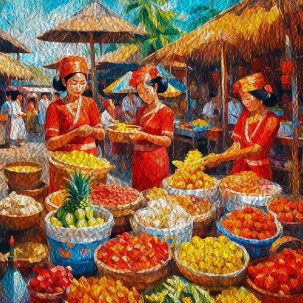 Oil painting illustration of a traditional Balinese market with sellers of flowers fruit crafts