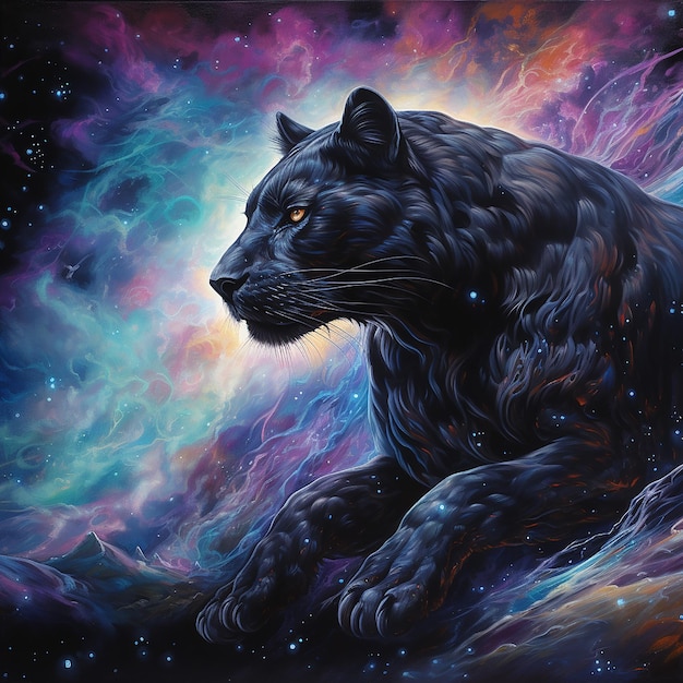 oil painting of a iridescent black panther stalking in a cosmic environment