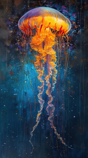 oil painting of a jellyfish under the water Light is pas