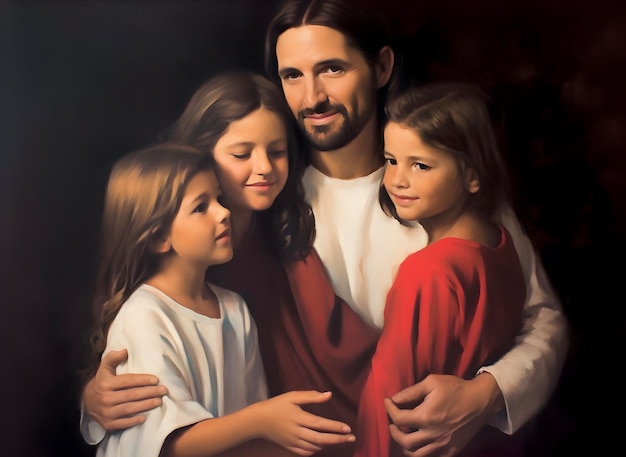 Картина маслом, изображающая Иисуса, обнимающего детей.