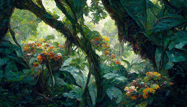 Oil painting of the jungle canopy big leaves flowers detailed 3d rendering