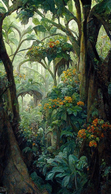Oil painting of the jungle canopy big leaves flowers detailed 3D rendering