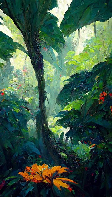 Oil painting of the jungle canopy big leaves flowers detailed\
3d rendering