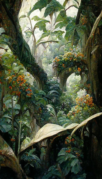 Photo oil painting of the jungle canopy big leaves flowers detailed 3d rendering
