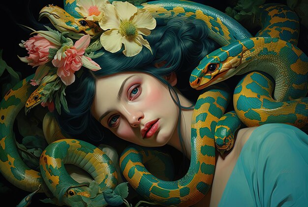 an oil painting of a lady with snakes on her head in the style of crisp neopop illustrations