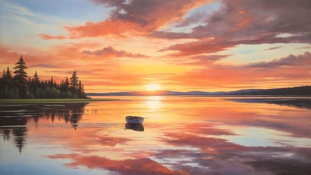 A oil painting of a lake with a boat in the center and a vibrant sunset sky reflecting off the water