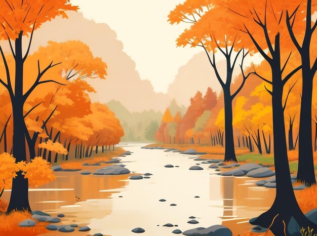 Oil Painting Landscape Autumn Forest Near the River