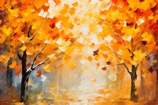Oil painting landscape autumn forest orange leaves