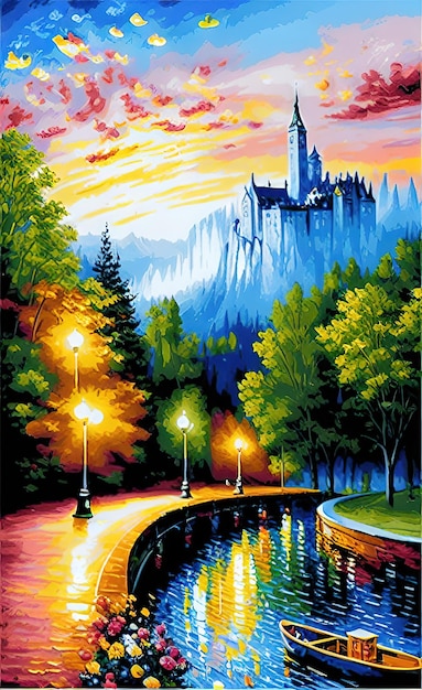 oil painting landscape illustration of a beautiful colorful