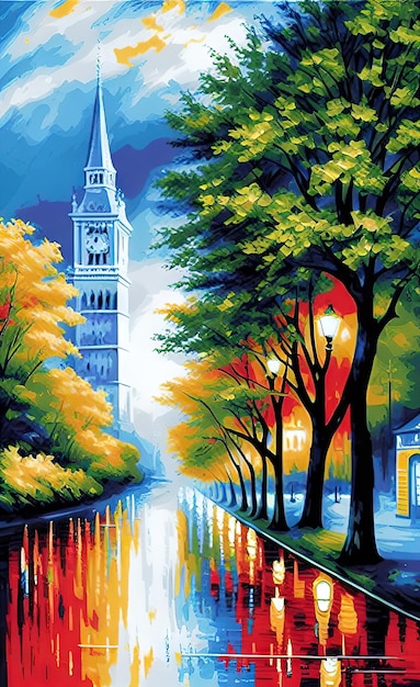oil painting landscape illustration of a beautiful colorful