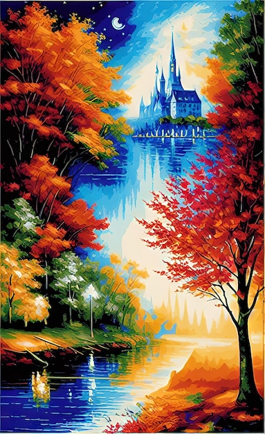 oil painting landscape illustration of a beautiful colorful