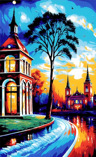 oil painting landscape illustration of a beautiful colorful