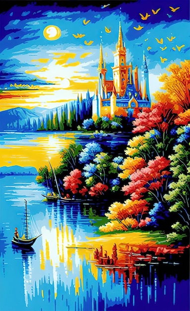 oil painting landscape illustration of a beautiful colorful