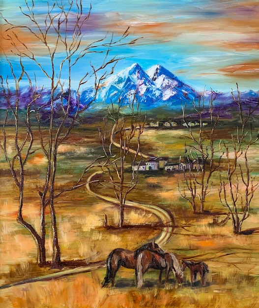 Oil painting landscape with mountains and horses painting on canvas for the interior modern painting spring in the mountains drawing nature spring