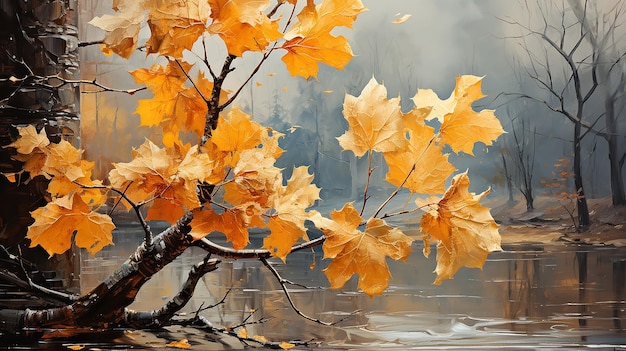 oil painting large brush strokes yellow autumn branches with leaves autumn background.