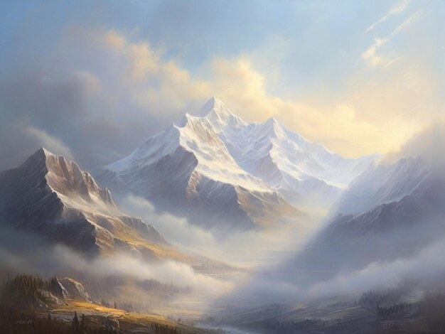 Oil painting of a majestic mountain range shrouded in mist and bathed in sunlight1