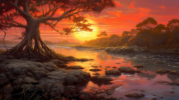 Oil Painting Of Mangrove At Sunrise In Nicki Minaj Style