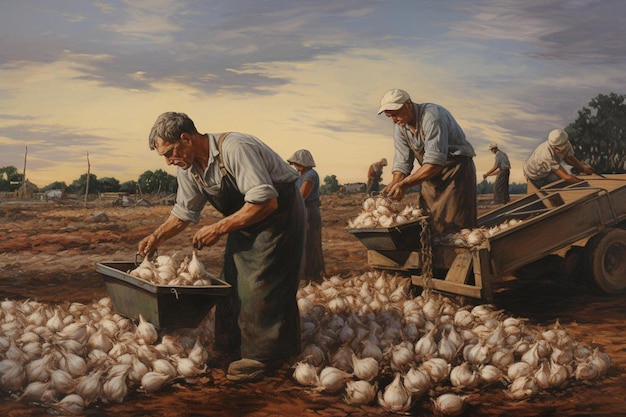 an oil painting of men loading onions.