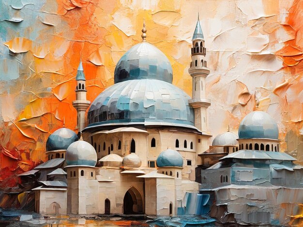 Oil painting of mosque on canvas Colorful background Islamic architecture